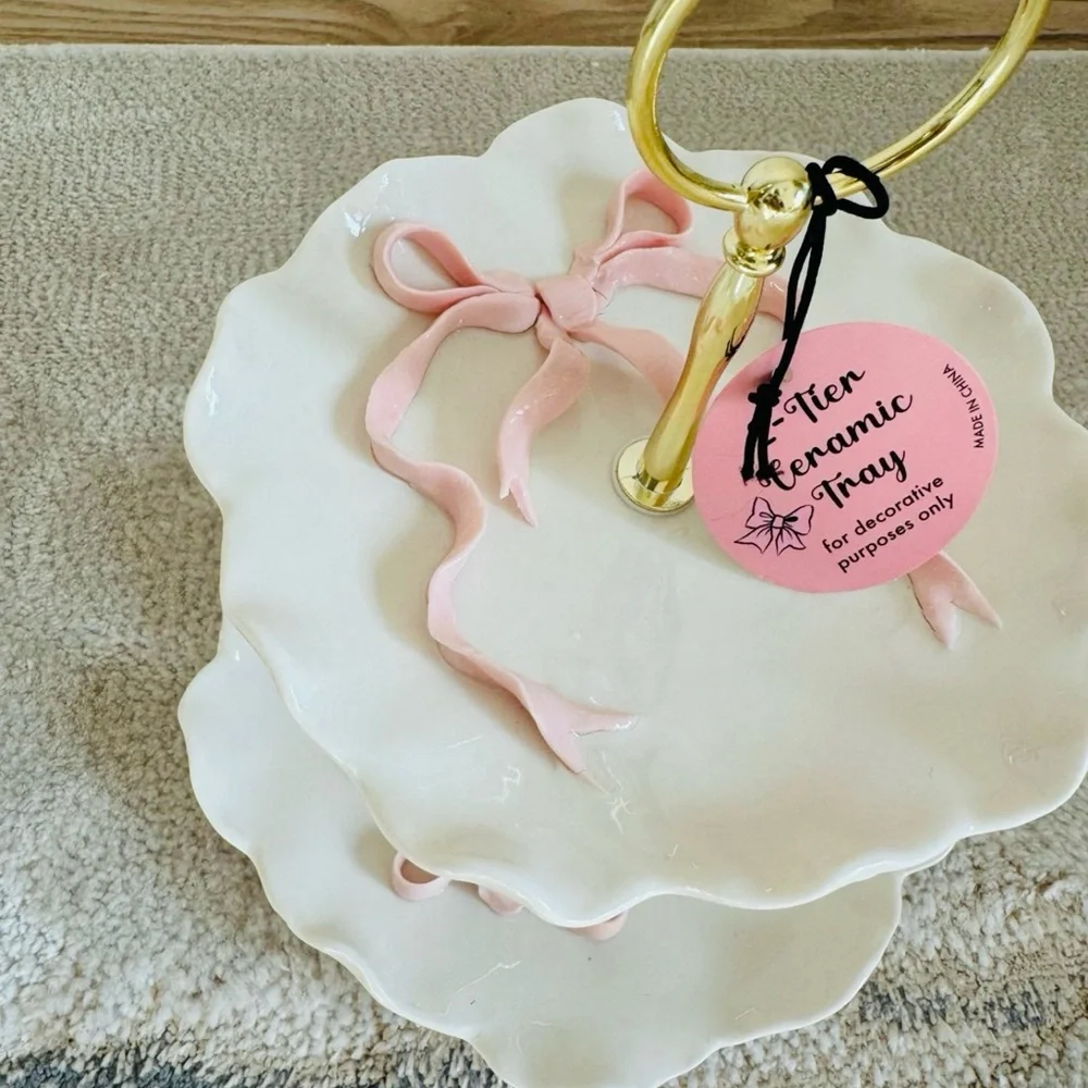 Pink Bow Two-Tier white Ceramic Tray with Gold accents